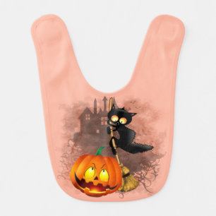 Cat Scared by Pumpkin Fun Halloween Character Baby Bib