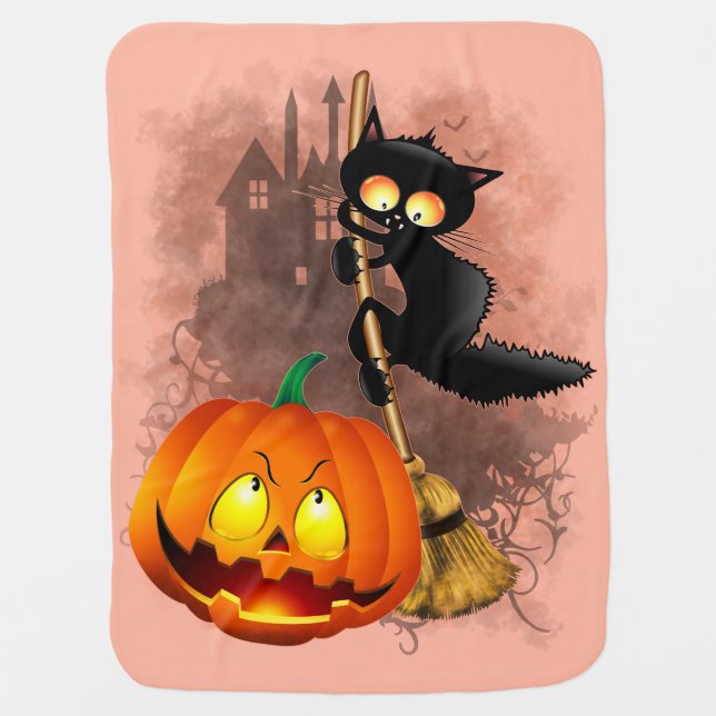 Cat Scared by Pumpkin Fun Halloween Character Baby Blanket (Front)
