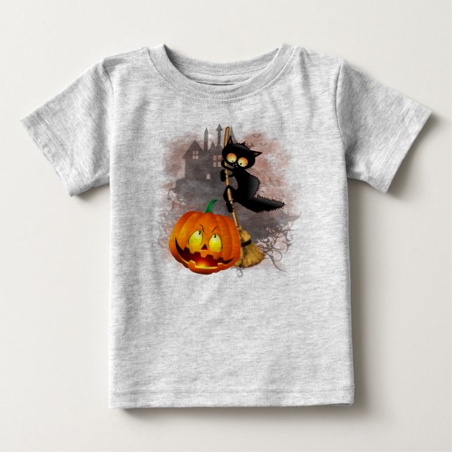 Cat Scared by Pumpkin Fun Halloween Character Baby T-Shirt (Front)