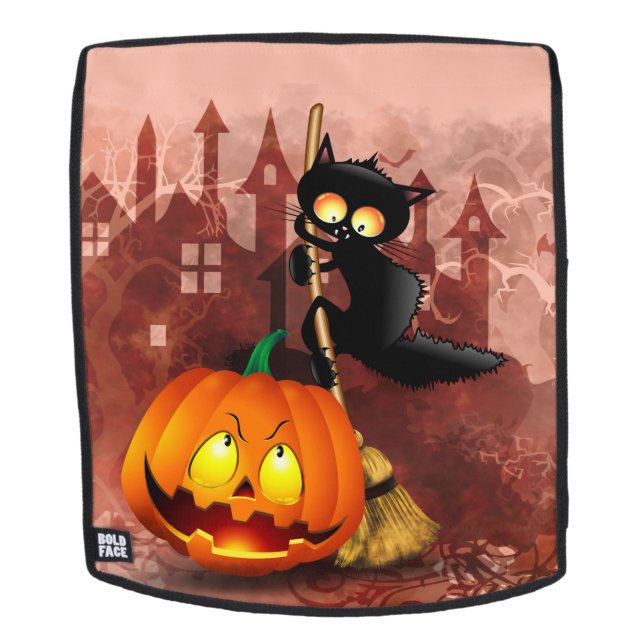 Cat Scared by Pumpkin Fun Halloween Character Backpack (Removable Face)