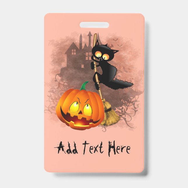 Cat Scared by Pumpkin Fun Halloween Character Badge (Front)