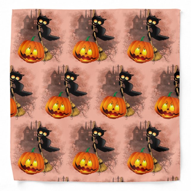 Cat Scared by Pumpkin Fun Halloween Character Bandana (Front)
