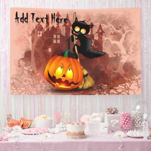 Cat Scared by Pumpkin Fun Halloween Character Banner