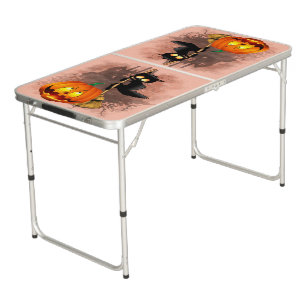 Cat Scared by Pumpkin Fun Halloween Character Beer Pong Table
