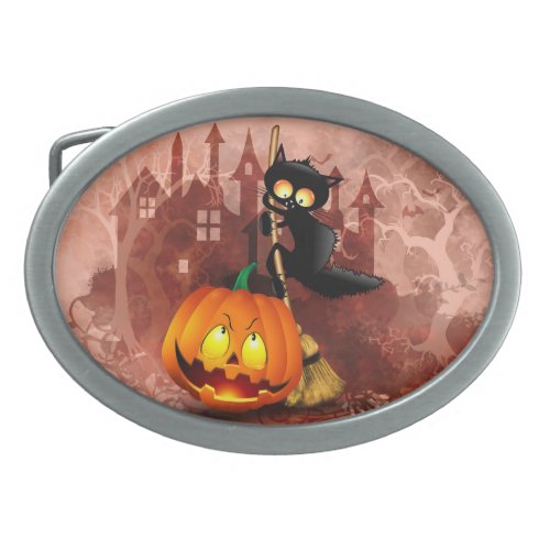 Cat Scared by Pumpkin Fun Halloween Character Belt Buckle