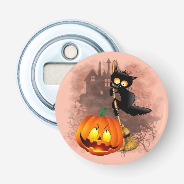 Cat Scared by Pumpkin Fun Halloween Character Bottle Opener (Front)