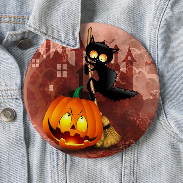 Cat Scared by Pumpkin Fun Halloween Character Button (In Situ)