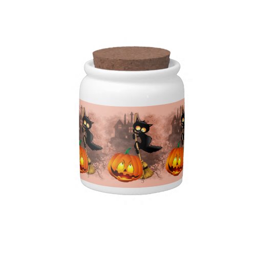 Cat Scared by Pumpkin Fun Halloween Character Candy Jar