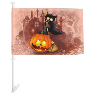 Cat Scared by Pumpkin Fun Halloween Character Car Flag
