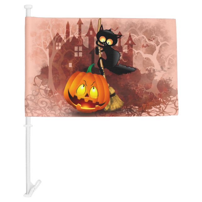 Cat Scared by Pumpkin Fun Halloween Character Car Flag (Front)