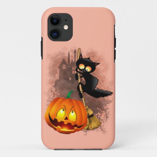 Cat Scared by Pumpkin Fun Halloween Character iPhone 11 Case