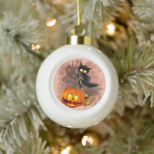 Cat Scared by Pumpkin Fun Halloween Character Ceramic Ball Christmas Ornament