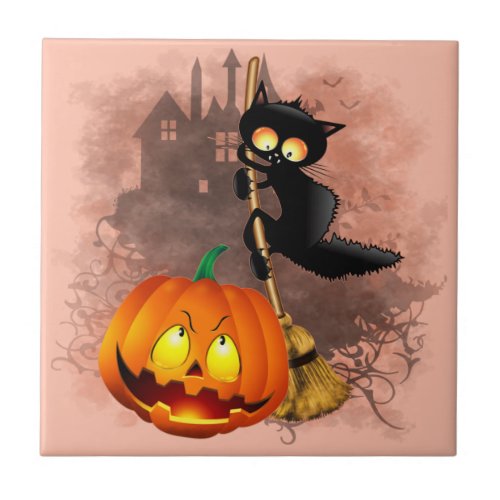Cat Scared by Pumpkin Fun Halloween Character Ceramic Tile