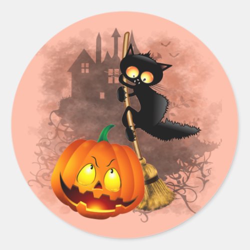 Cat Scared by Pumpkin Fun Halloween Character Classic Round Sticker