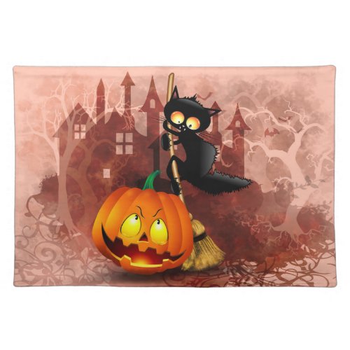 Cat Scared by Pumpkin Fun Halloween Character Cloth Placemat