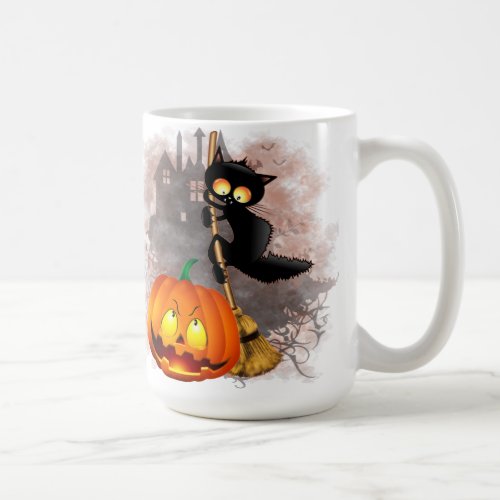 Cat Scared by Pumpkin Fun Halloween Character Coffee Mug