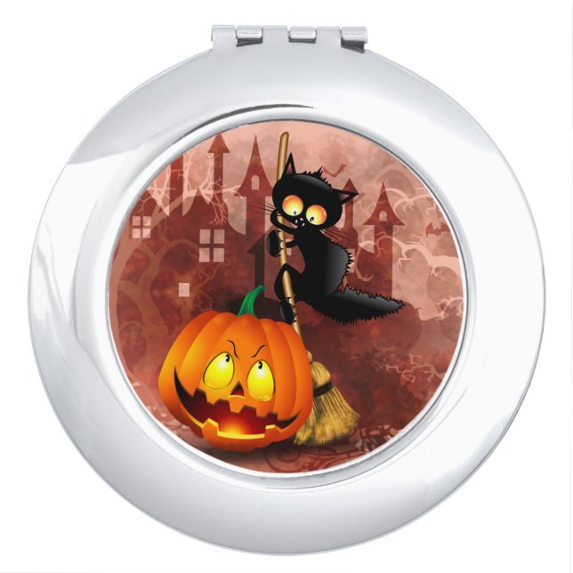 Cat Scared by Pumpkin Fun Halloween Character Compact Mirror (Front)