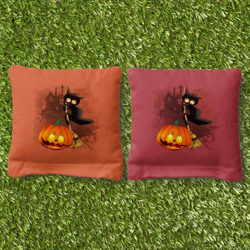 Cat Scared by Pumpkin Fun Halloween Character Cornhole Bags