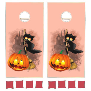 Cat Scared by Pumpkin Fun Halloween Character Cornhole Set