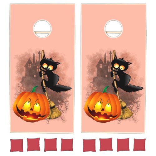 Cat Scared by Pumpkin Fun Halloween Character Cornhole Set