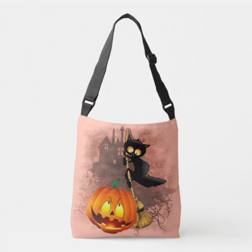 Cat Scared by Pumpkin Fun Halloween Character Crossbody Bag