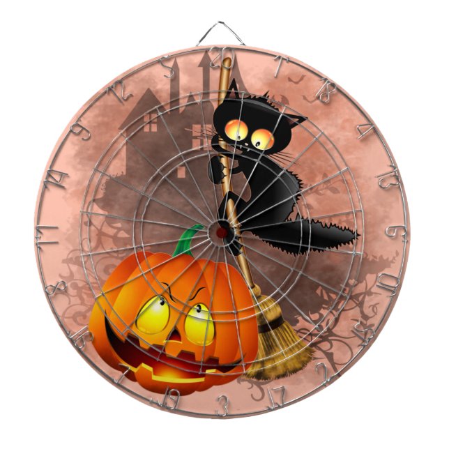 Cat Scared by Pumpkin Fun Halloween Character Dart Board (Front)