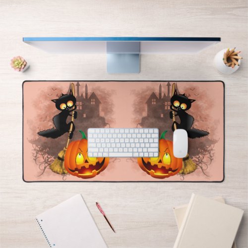 Cat Scared by Pumpkin Fun Halloween Character Desk Mat