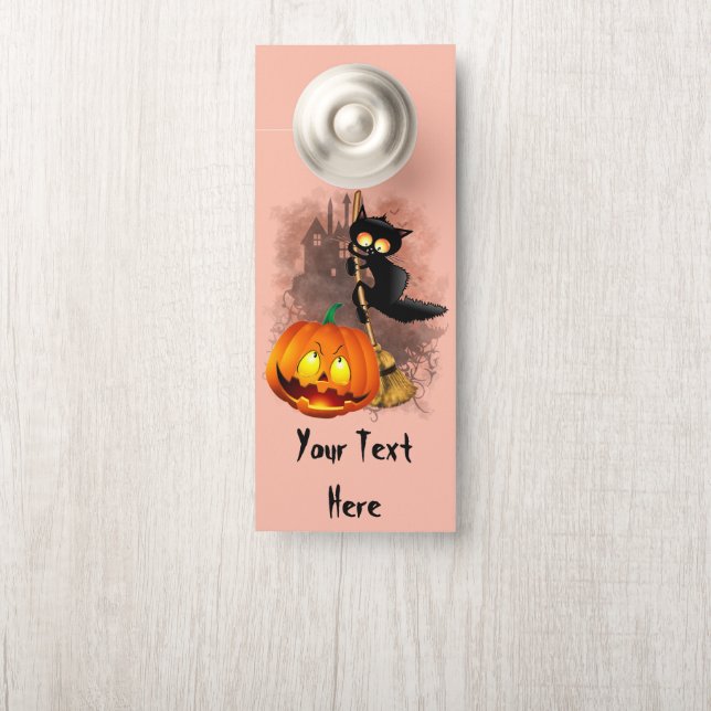Cat Scared by Pumpkin Fun Halloween Character Door Hanger (On Knob)