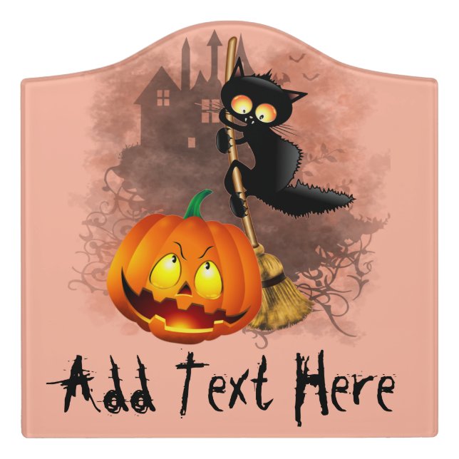 Cat Scared by Pumpkin Fun Halloween Character Door Sign (Large Crest Front)