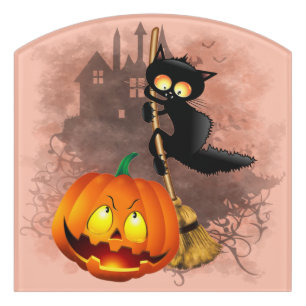 Cat Scared by Pumpkin Fun Halloween Character Door Sign