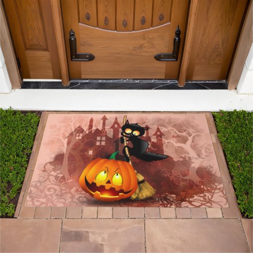 Cat Scared by Pumpkin Fun Halloween Character Doormat