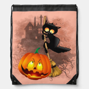 Cat Scared by Pumpkin Fun Halloween Character Drawstring Bag