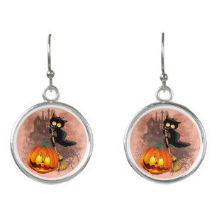 Cat Scared by Pumpkin Fun Halloween Character Earrings