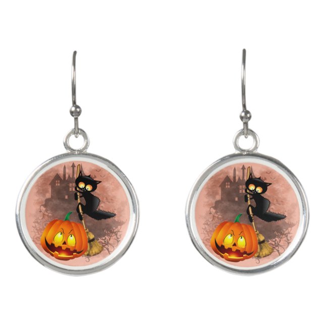 Cat Scared by Pumpkin Fun Halloween Character Earrings (Front)