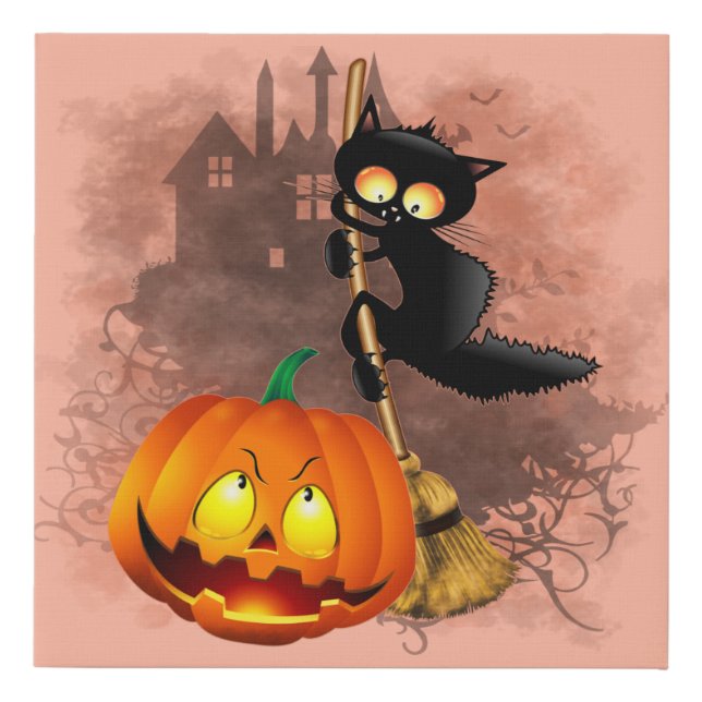 Cat Scared by Pumpkin Fun Halloween Character Faux Canvas Print (Front)