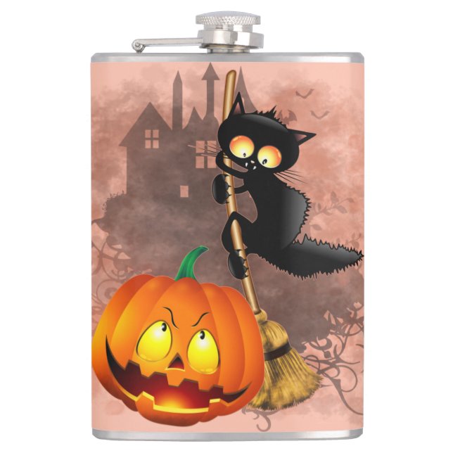 Cat Scared by Pumpkin Fun Halloween Character Flask (Front)