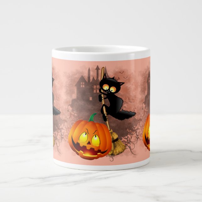 Cat Scared by Pumpkin Fun Halloween Character Giant Coffee Mug (Front)