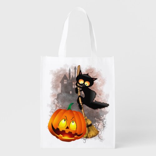 Cat Scared by Pumpkin Fun Halloween Character Grocery Bag