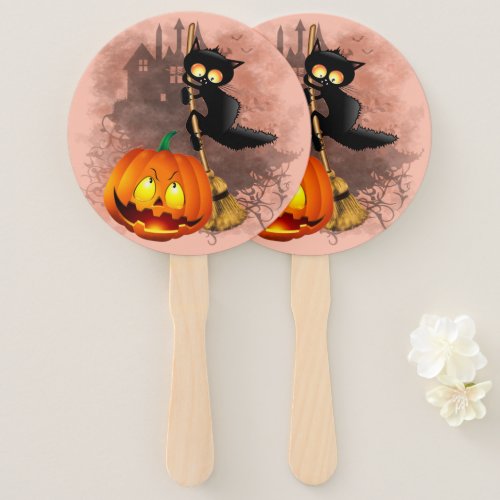 Cat Scared by Pumpkin Fun Halloween Character Hand Fan