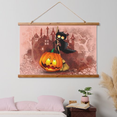 Cat Scared by Pumpkin Fun Halloween Character Hanging Tapestry