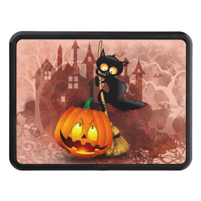 Cat Scared by Pumpkin Fun Halloween Character Hitch Cover (Front)