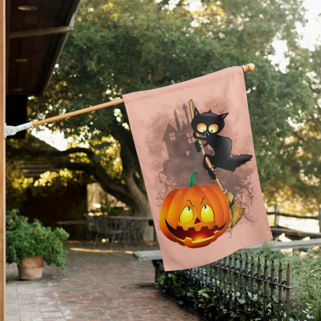 Cat Scared by Pumpkin Fun Halloween Character House Flag (In SItu)