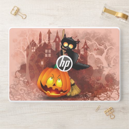 Cat Scared by Pumpkin Fun Halloween Character HP Laptop Skin