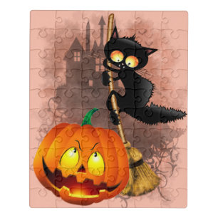 Cat Scared by Pumpkin Fun Halloween Character Jigsaw Puzzle