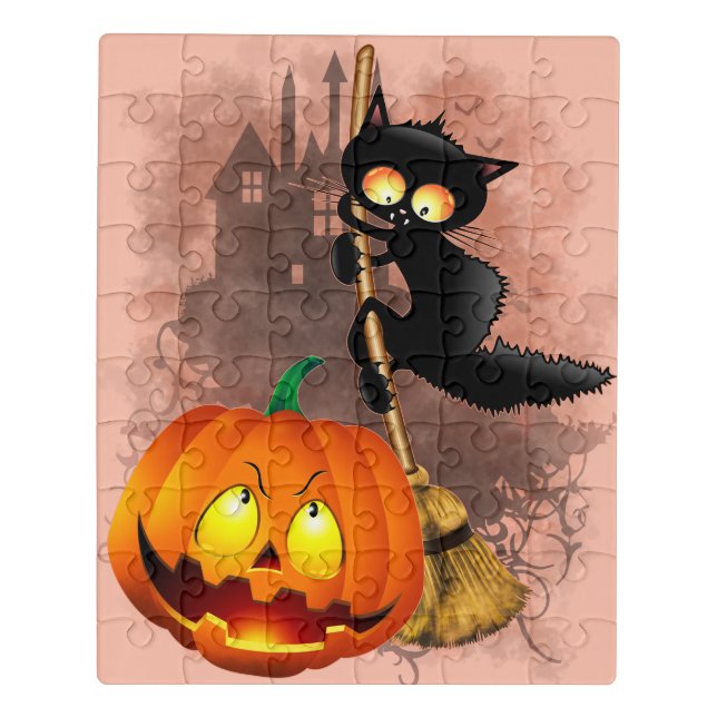 Cat Scared by Pumpkin Fun Halloween Character Jigsaw Puzzle (Puzzle Vertical)