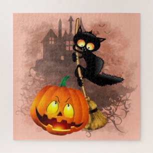 Cat Scared by Pumpkin Fun Halloween Character Jigsaw Puzzle