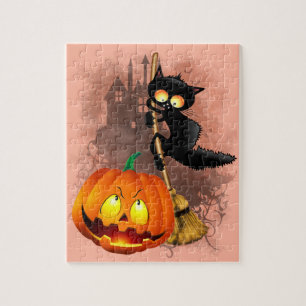 Cat Scared by Pumpkin Fun Halloween Character Jigsaw Puzzle