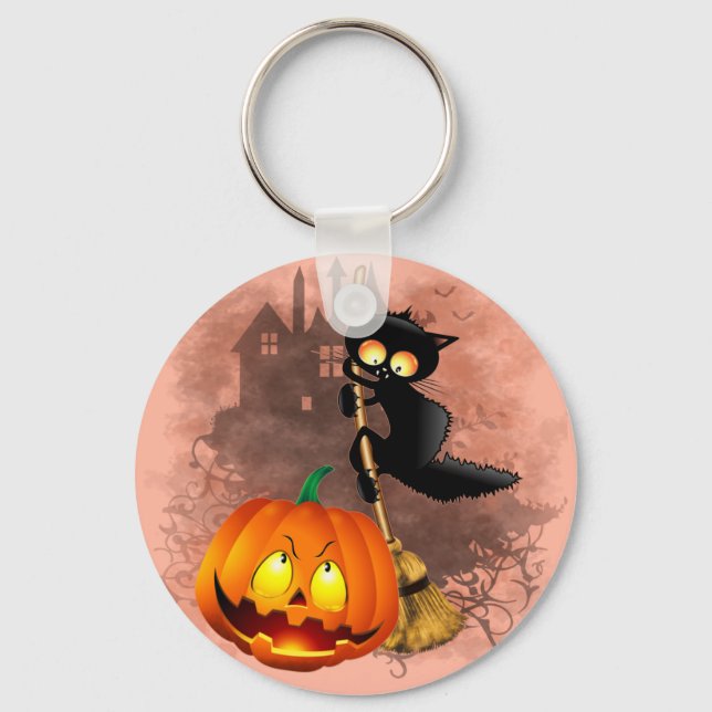 Cat Scared by Pumpkin Fun Halloween Character Keychain (Front)