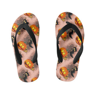 Cat Scared by Pumpkin Fun Halloween Character Kid's Flip Flops