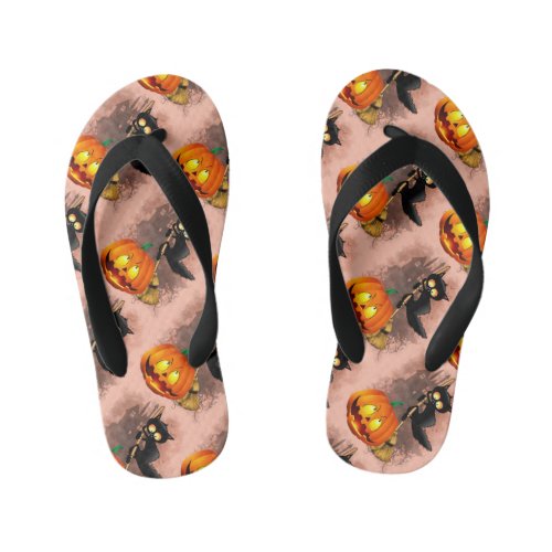 Cat Scared by Pumpkin Fun Halloween Character Kids Flip Flops